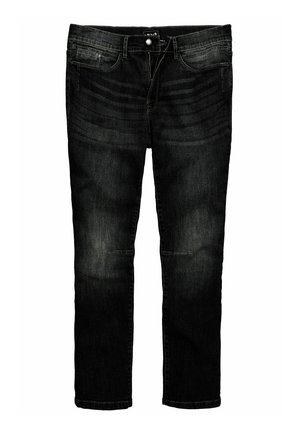 Donkergrijze denim jeans met een rechte pasvorm, vijf zakken en een knoopsluiting. Subtiele vervaging en stikdetails aan de voorkant.