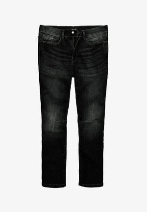 Donkergrijze denim jeans met een rechte pasvorm, vijf zakken en een knoopsluiting. Subtiele vervaging en stikdetails aan de voorkant.