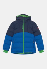 Veste rembourrée avec un haut marine et un bas bleu, dotée d'une fermeture éclair et de finitions vertes, d'une capuche et de poignets élastiques avec des accents verts.