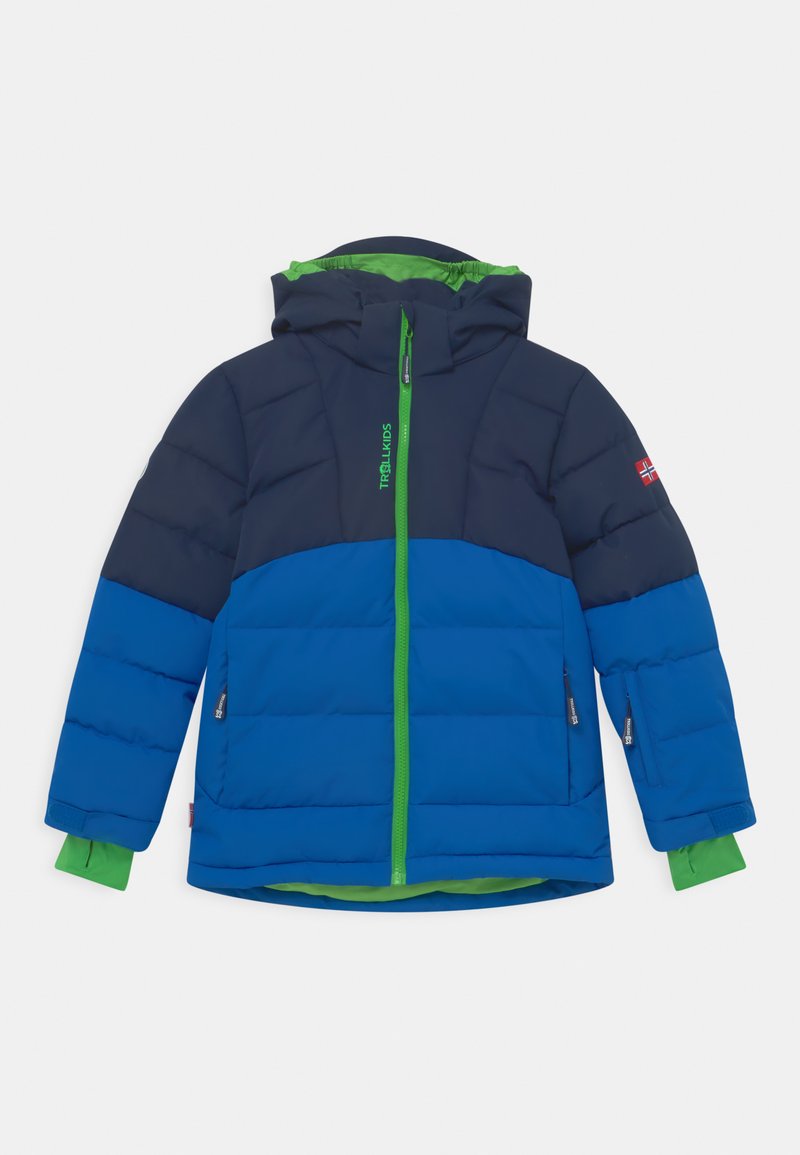 Veste rembourrée avec un haut marine et un bas bleu, dotée d'une fermeture éclair et de finitions vertes, d'une capuche et de poignets élastiques avec des accents verts.