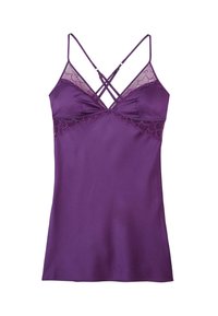 Camisola in satin viola con delicati dettagli in pizzo, spalline regolabili e una texture liscia. Presenta un design a incrocio delle spalline sul retro.