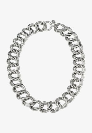 Silberner Metallkettenschmuck mit großen, verschlungenen ovalen Gliedern und einer polierten Oberfläche sowie einem sicheren Verschluss.