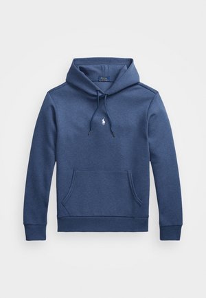 Navyblauer Hoodie mit Fronttasche, Kordelzug an der Kapuze und kleinem weißen Polo Ralph Lauren Logo mittig auf der Brust.