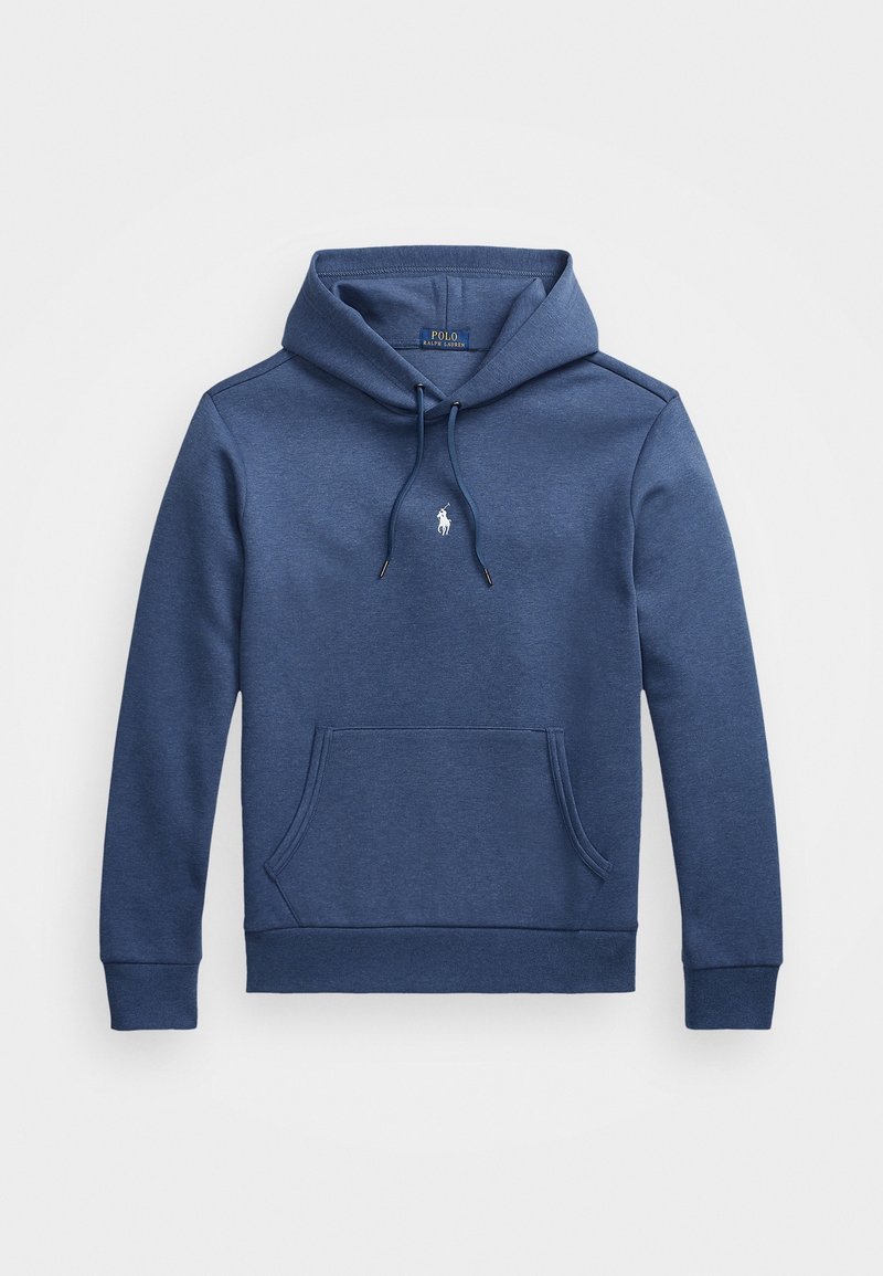 Sweat à capuche bleu marine avec poche avant, capuche à cordon, et petit logo blanc Polo Ralph Lauren centré sur la poitrine.