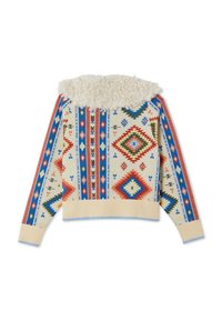 Πουλόβερ με πολύχρωμα γεωμετρικά και ρόμβου μοτίβα, κρεμ ριμπ μανσέτες και τελείωμα, και αφράτο λευκό γιακά από shearling.