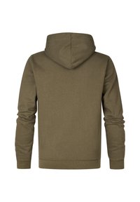 Olijfgroene hoodie met lange mouwen, gemaakt van een gestructureerde stof en een aansluitende zoom. Eenvoudig ontwerp zonder zichtbare patronen of accenten.