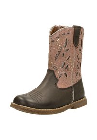 Brown leather ankle boot featuring a pink perforated upper with floral cutouts and metallic accents, stitched design, and rubber sole.