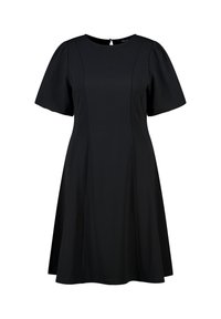 Zwarte dress met korte mouwen, ronde hals, aansluitend bovenlijf en een uitlopende rok. Gemaakt van gladde stof, met een sleutelgatopening aan de achterkant.