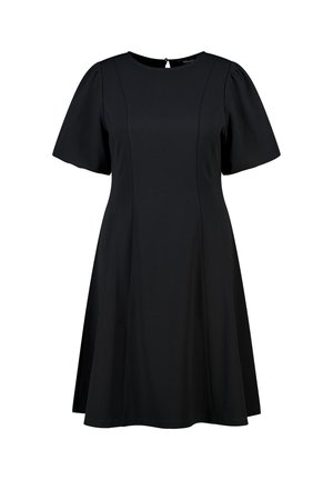 Zwarte dress met korte mouwen, ronde hals, aansluitend bovenlijf en een uitlopende rok. Gemaakt van gladde stof, met een sleutelgatopening aan de achterkant.