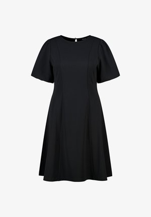 Zwarte dress met korte mouwen, ronde hals, aansluitend bovenlijf en een uitlopende rok. Gemaakt van gladde stof, met een sleutelgatopening aan de achterkant.