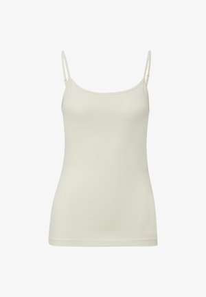 Svetlo bež top na naramenice z debelimi nastavljivimi trakovi, izdelan iz gladkega raztegljivega materiala. Ima zaobljen izrez in prilegajočo silhueto.