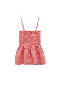 Rood en wit geruit peplumtop met een gesmockte lijfje en dunne schouderbandjes. Heeft een gestructureerde stof met een uitlopende zoom.