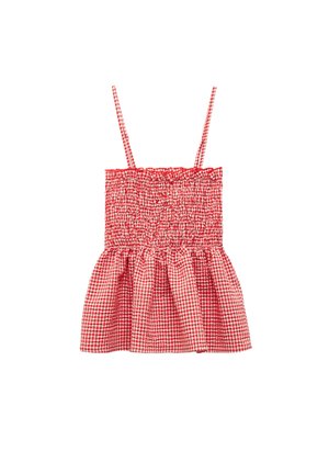 Top de peplum en cuadros rojos y blancos con cuerpo fruncido y tirantes finos. Presenta una tela texturizada con dobladillo acampanado.