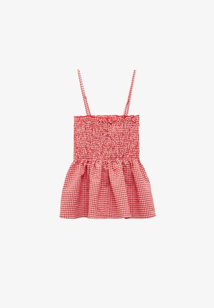 Top de peplum en cuadros rojos y blancos con cuerpo fruncido y tirantes finos. Presenta una tela texturizada con dobladillo acampanado.