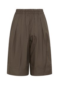 Shorts marron coupe ample arrivant au genou avec taille élastique et plis sur le devant, en tissu léger.