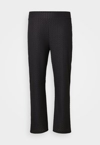 Black pants featuring a textured diamond pattern, wide elastic waistband, and a loose-fit design. Fabric has a lightweight, breathable quality.