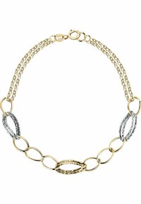 Kedja i guld- och silverfärg med sammanlänkade ovala och runda texturerade länkar samt ett lås med kräfta.