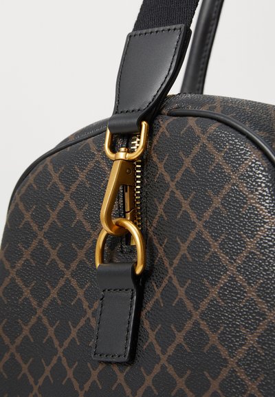 Black synthetic handbag with brown diamond pattern, featuring a gold metal zipper and clasp with black leather accents.