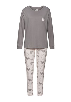 Long-sleeve gray top with small heart on chest and white pants with various gray heart patterns, shown against white background.