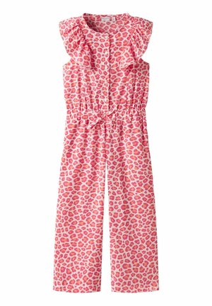 Różowy kombinezon bez rękawów z czerwono-pomarańczowym wzorem w cętki lamparta, z falbanami na ramionach, zapięciem na guziki z przodu, elastyczną talią i wiązaniem z przodu.