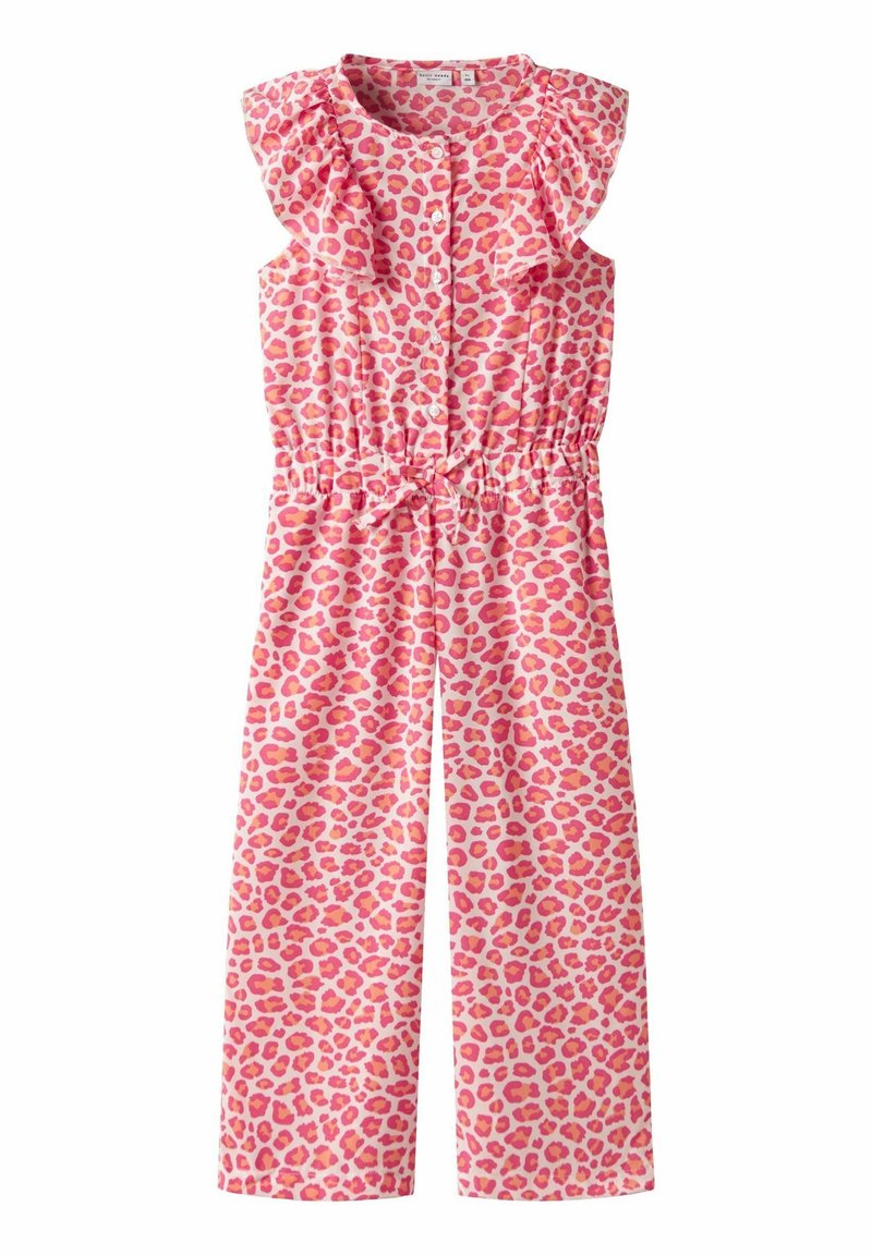 Tuta senza maniche rosa con stampa leopardata rossa e arancione, dettagli con volant sulle spalle, chiusura frontale con bottoni, vita elasticizzata e fiocco frontale.