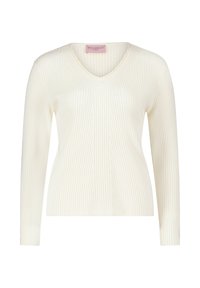 Cremefarbener, gerippter Strickpullover mit langen Ärmeln und V-Ausschnitt, auf weißem Hintergrund präsentiert.