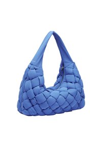 Niebieska torebka z wypełnieniem, ozdobiona plecionym wzorem i zakrzywionym uchwytem. Posiada zamek błyskawiczny i fakturowaną powierzchnię.