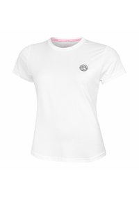 Camiseta deportiva blanca de manga corta con cuello redondo y pequeño logo negro en el lado izquierdo del pecho.