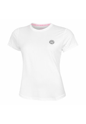 T-shirt atletico bianco a maniche corte con colletto rotondo e piccolo logo nero sul lato sinistro del petto.