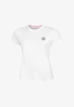 T-shirt atletico bianco a maniche corte con colletto rotondo e piccolo logo nero sul lato sinistro del petto.