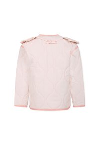 Giacca trapuntata rosa chiaro con un motivo ondulato, dotata di un laccio sul retro, spalline arricciate e bordature rosa lungo i lati.