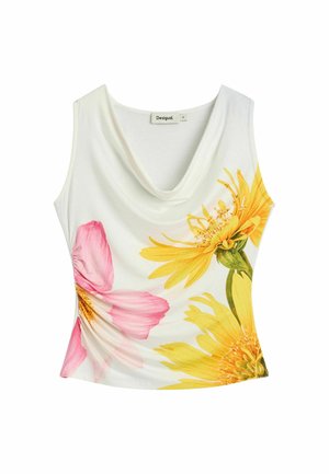 Top blanco sin mangas con escote vuelto, con grandes estampados florales en rosa y amarillo en la parte delantera, etiquetado Desigual, talla mediana.