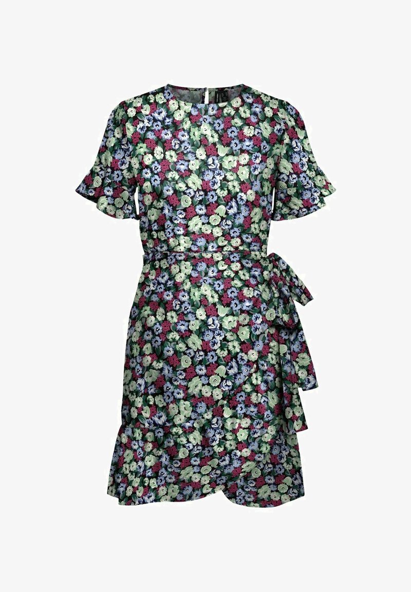 Robe à manches courtes fleurie avec une taille cintrée et un détail drapé. Présente des fleurs multicolores sur un fond sombre avec un ourlet à volants.