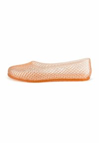 Transparent peach-colored ballet flat with a woven pattern and rounded toe. Flexible material with a low heel and a smooth, shiny finish.