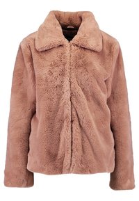 Rosa imiterad pälsjacka med krage, långa ärmar och dragkedja fram. Mjuk textur med en fyllig finish.