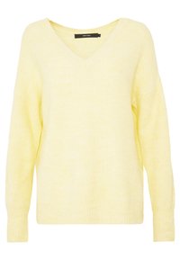 Gelbes V-Ausschnitt-Pullover mit langen Ärmeln, strukturiertem Strickstoff und Rippdetails an den Bündchen und dem Saum. Leicht und lässig im Design.