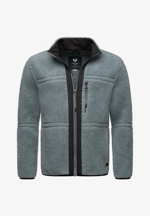 Fleece jacket in light gray with a textured finish. Features a black zipper and lining, two chest pockets, and a high collar design.