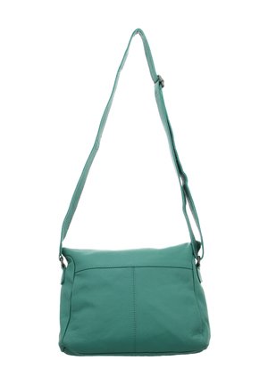Teal leather shoulder bag with adjustable strap, simple design, and visible stitching down the center on a white background.