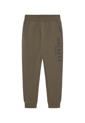 Pantalons de jogging vert olive en matériau doux, dotés de deux poches latérales et de poignets côtelés. "HACKETT LONDON" imprimé en bleu marine sur le côté.