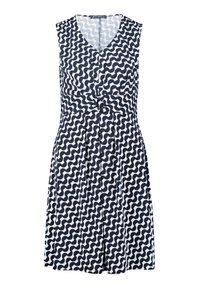 Marineblaues und weißes ärmelloses Kleid mit wellenförmigem Muster, V-Ausschnitt, geraffter Taille mit Bindeband und ausgestellt Rock.