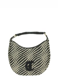 Borsa hobo con un motivo a strisce zebra nero e crema, materiale intrecciato texturizzato e manico a spirale. Presenta un logo in rilievo prominente.