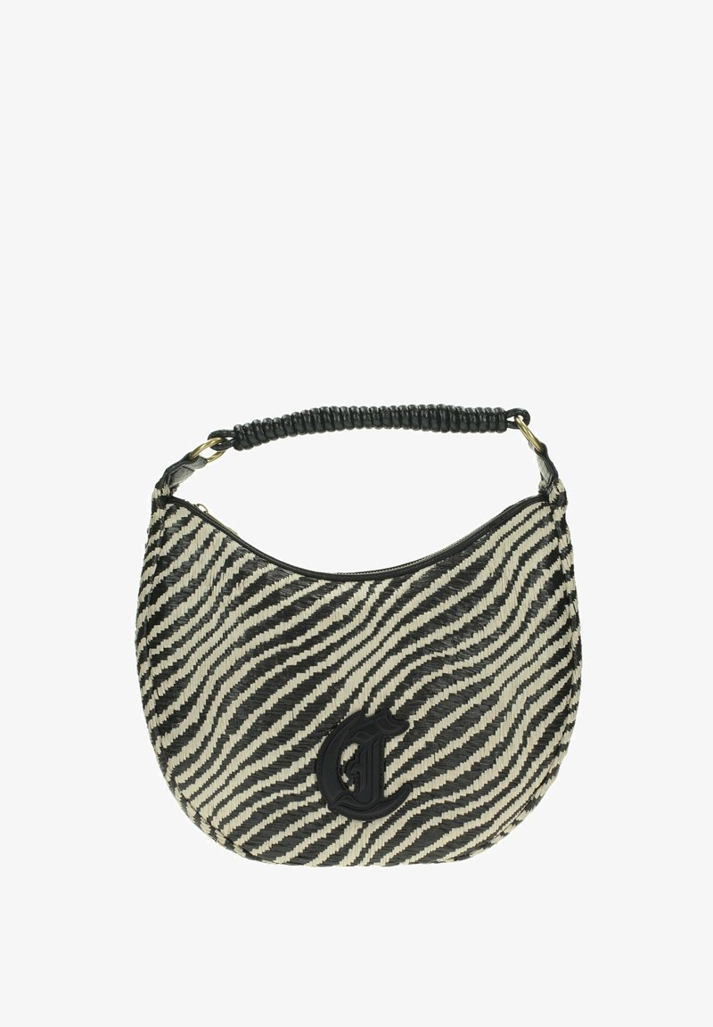 Borsa hobo con un motivo a strisce zebra nero e crema, materiale intrecciato texturizzato e manico a spirale. Presenta un logo in rilievo prominente.
