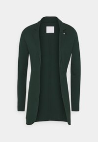 Dark green tailored cardigan, featuring a notched collar, open front design, and long sleeves. Made from soft fabric with minimalist detailing.