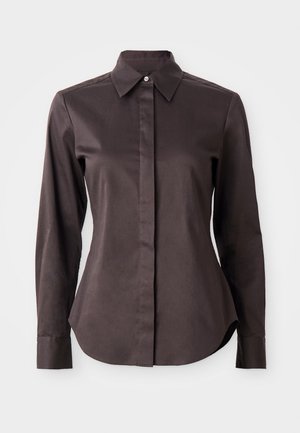 Dark brown long-sleeve button-up shirt with pointed collar and concealed placket on a white background.