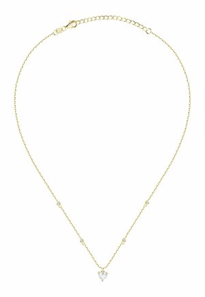 Collier délicat en chaîne d'or avec petites pierres rondes et pendentif central en forme de cœur avec une pierre précieuse transparente.