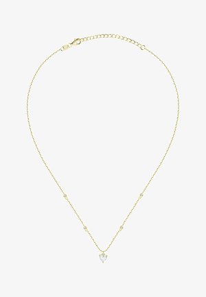 Collier délicat en chaîne d'or avec petites pierres rondes et pendentif central en forme de cœur avec une pierre précieuse transparente.