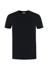 Zwarte korte mouwen t-shirt van gestructureerde stof. Heeft een ronde hals en een rechte snit, met een eenvoudige ontwerp zonder zichtbare patronen.