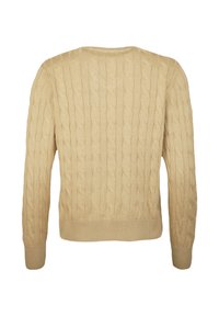 Pulover bej tricotat cu model în formă de cablu, guler rotund și manșete și tiv rib. Prezintă o textură netedă și un croi regular.