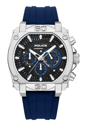 Firkantet sølv kronografur med sort urskive, tre blå underskiver, sølv timeindikatorer og en blå gummirem.