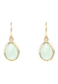 Gold-tone earrings with a teardrop mint green faceted stone, featuring a textured bezel setting and a simple hook for attachment.